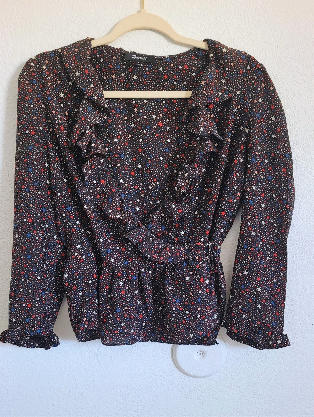Madewell... Black Star-Print Ruffle Wrap Top with Red and Blue Stars
